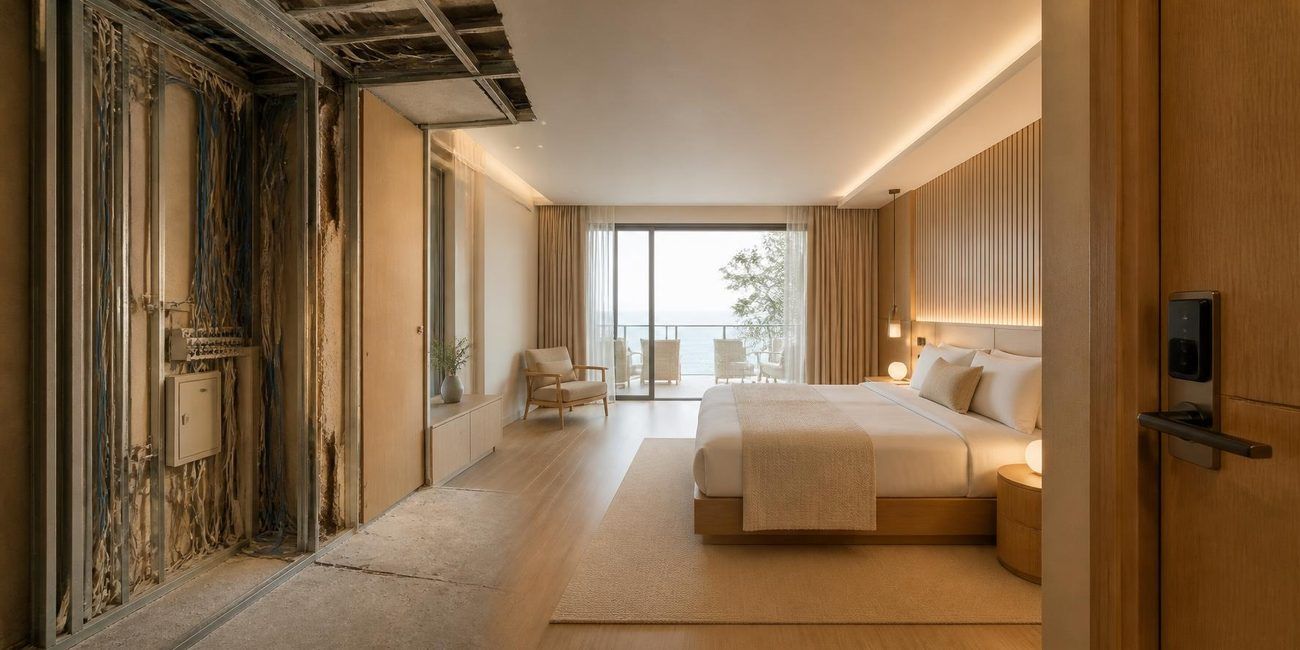 Quarto de hotel em renovação com infraestrutura de telecomunicações ITED à vista, ao lado do mesmo quarto renovado
