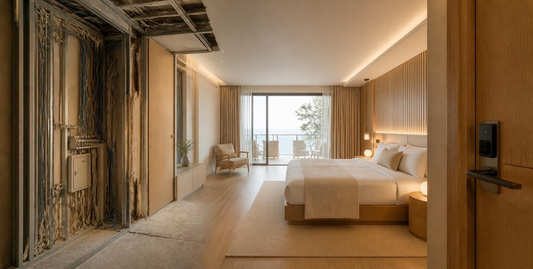 Quarto de hotel em renovação com infraestrutura de telecomunicações ITED à vista, ao lado do mesmo quarto renovado